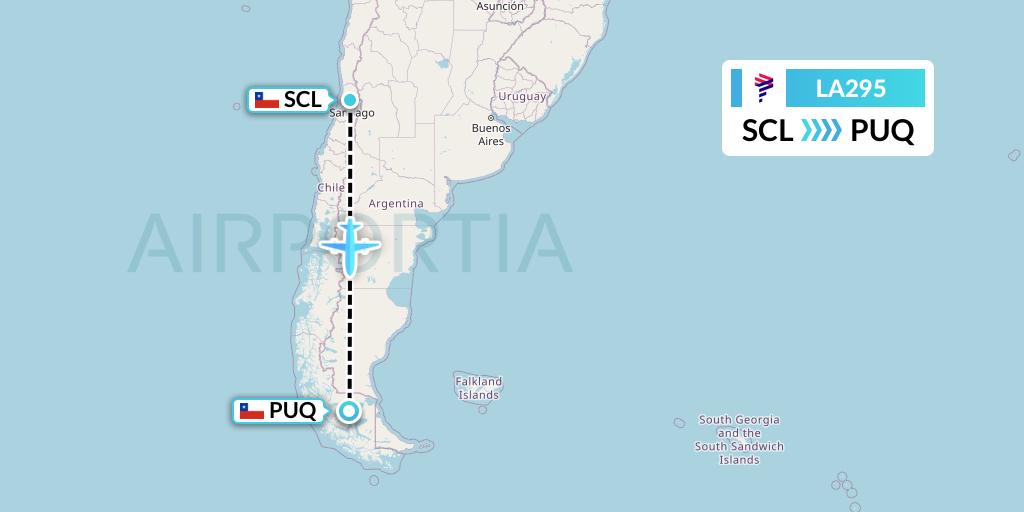 LA295 LAN Airlines Flight Map: Santiago to Punta Arenas