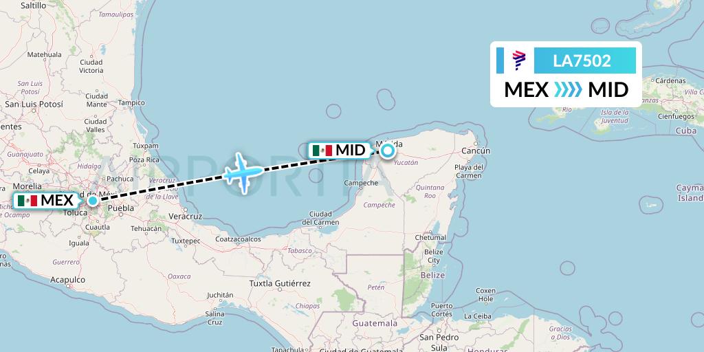 LA7502 LAN Airlines Flight Map: Mexico City to Merida