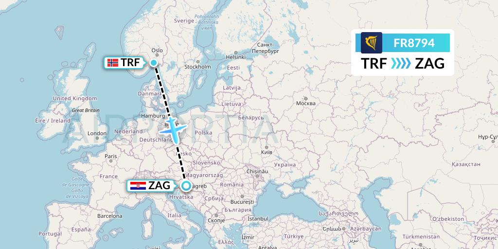 FR8794 Ryanair Flight Map: Oslo to Zagreb