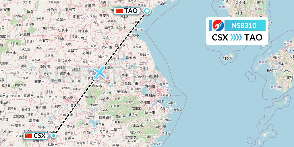 NS8310 Hebei Airlines Flight Map: Changsha to Qingdao
