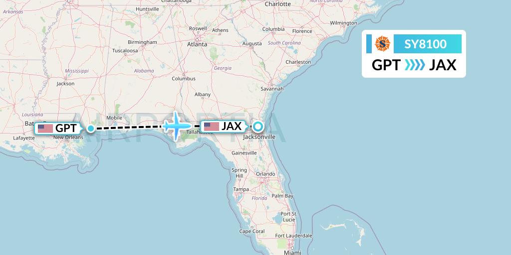 SY8100 Sun Country Airlines Flight Map: Gulfport to Jacksonville