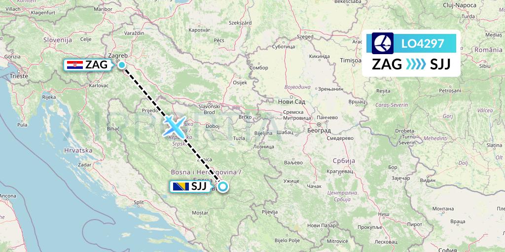 LO4297 LOT Flight Map: Zagreb to Sarajevo