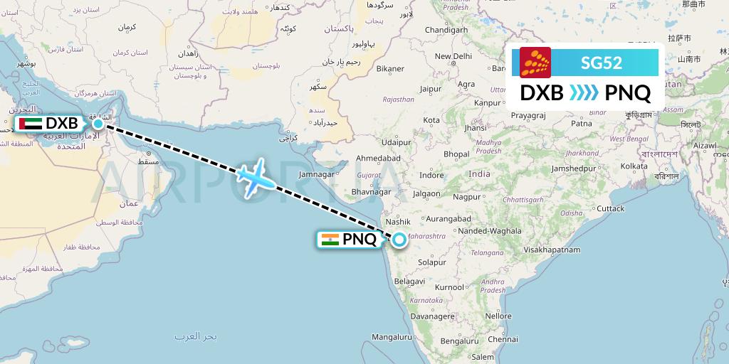 SG52 SpiceJet Flight Map: Dubai to Pune