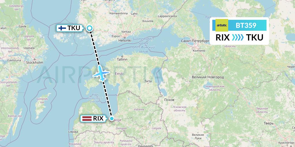 BT359 Air Baltic Flight Map: Riga to Turku