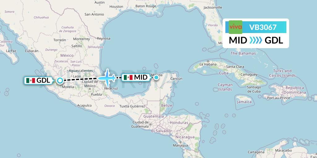 VB3067 VivaAerobus Flight Map: Merida to Guadalajara
