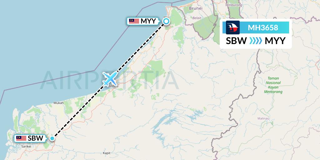 MH3658 Malaysia Airlines Flight Map: Sibu to Miri
