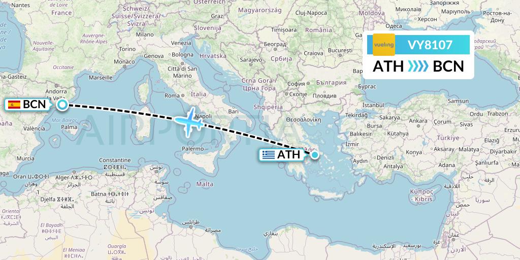 VY8107 Vueling Flight Map: Athens to Barcelona