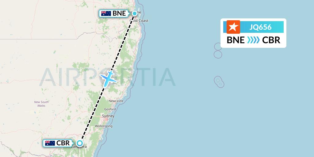 JQ656 Jetstar Airways Flight Map: Brisbane to Canberra