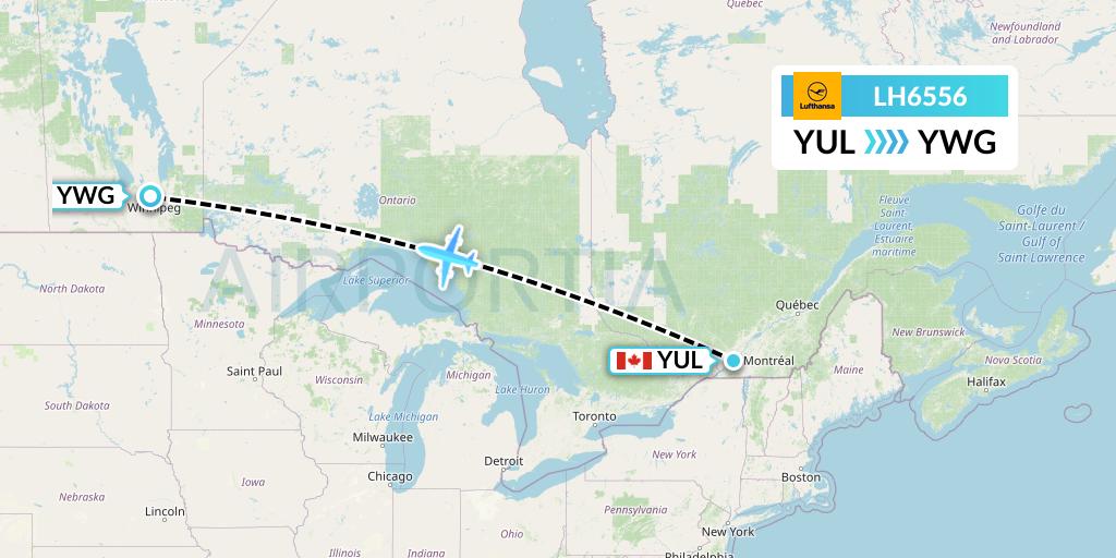 LH6556 Lufthansa Flight Map: Montreal to Winnipeg