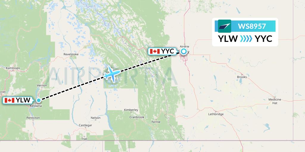 WS8957 WestJet Flight Map: Kelowna to Calgary