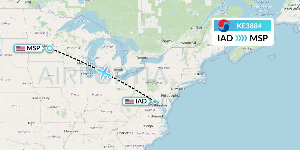 KE3884 Korean Air Flight Map: Washington to Minneapolis