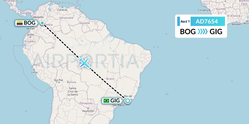 AD7654 Azul Brazilian Airlines Flight Map: Bogota to Rio de Janeiro