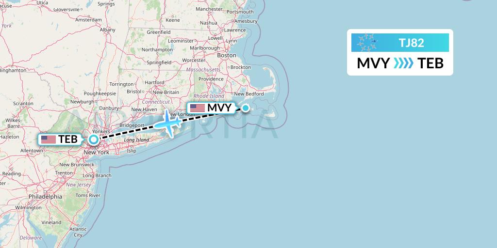 TJ82 Tradewind Aviation Flight Map: Martha's Vineyard to Teterboro