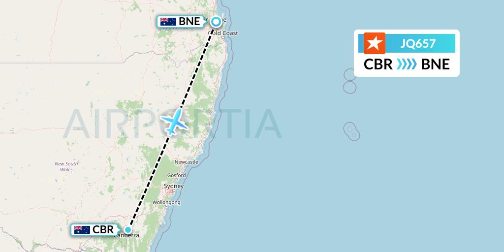 JQ657 Jetstar Airways Flight Map: Canberra to Brisbane