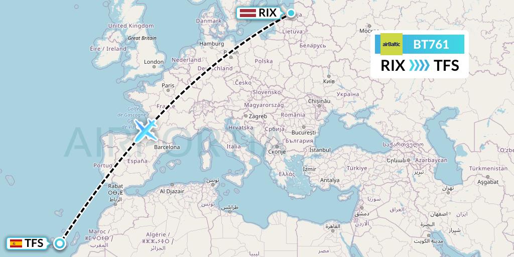 BT761 Air Baltic Flight Map: Riga to Tenerife