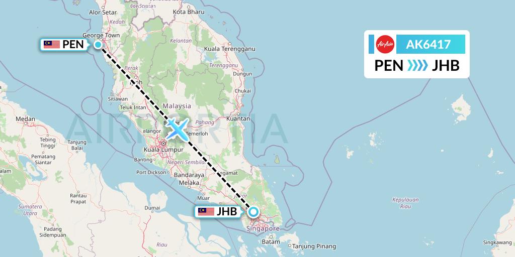 AK6417 AirAsia Flight Map: Penang to Johor Bahru