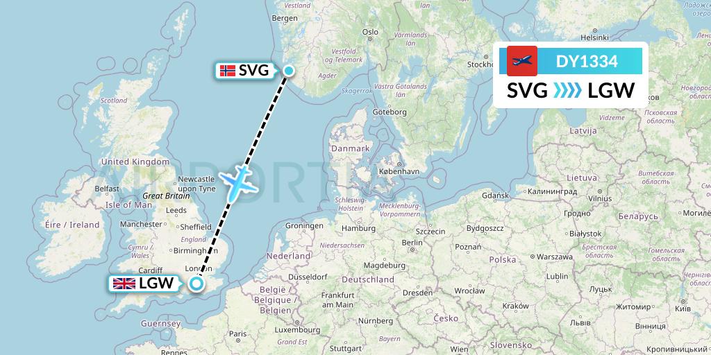 DY1334 Norwegian Flight Map: Stavanger to London