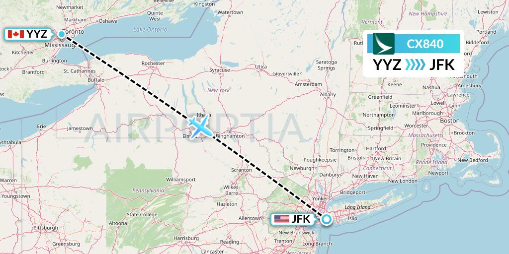 CX840 Cathay Pacific Flight Map: Toronto to New York