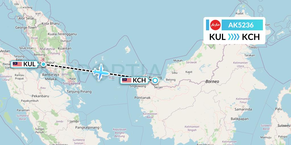 AK5236 AirAsia Flight Map: Kuala Lumpur to Kuching