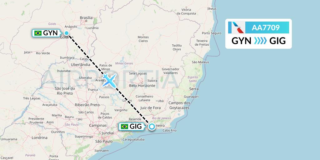 AA7709 American Airlines Flight Map: Goiania to Rio de Janeiro