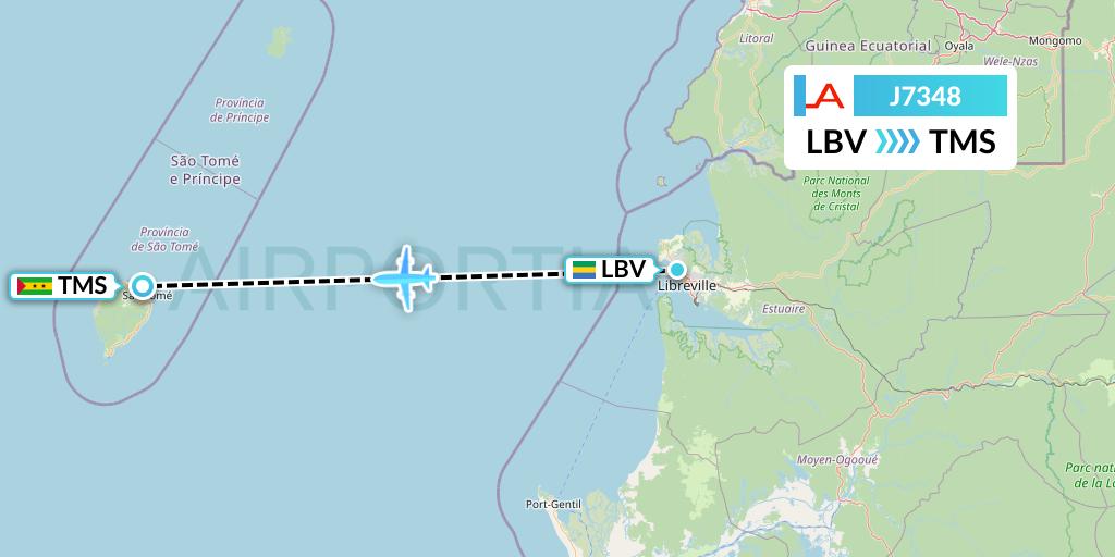 J7348 Afrijet Business Services Flight Map: Libreville to Sao Tome