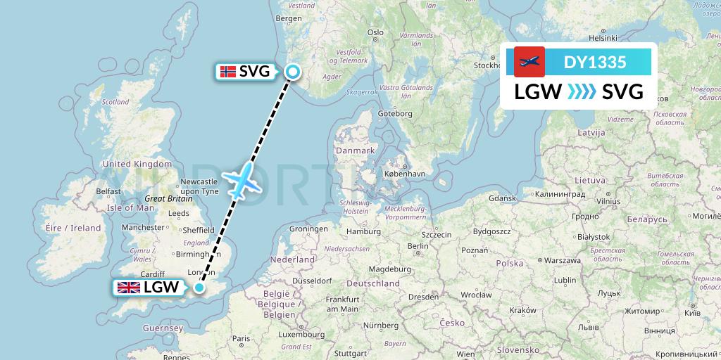 DY1335 Norwegian Flight Map: London to Stavanger