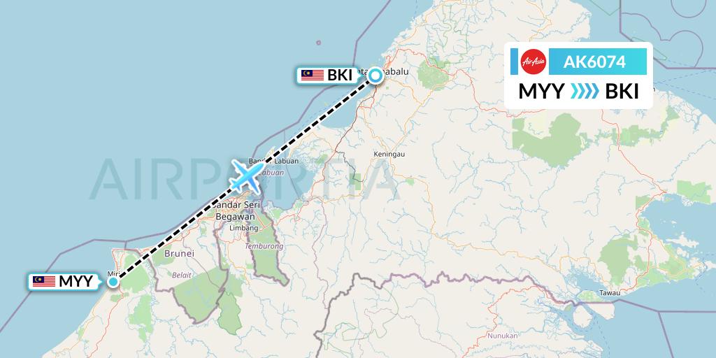 AK6074 AirAsia Flight Map: Miri to Kota Kinabalu