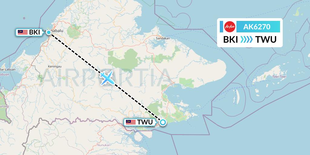 AK6270 AirAsia Flight Map: Kota Kinabalu to Tawau