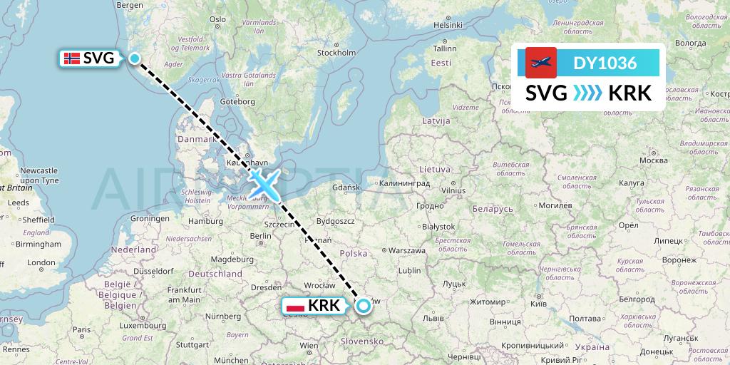 DY1036 Norwegian Flight Map: Stavanger to Krakow