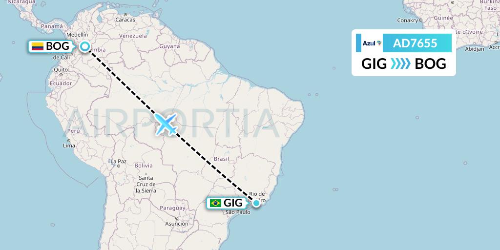 AD7655 Azul Brazilian Airlines Flight Map: Rio de Janeiro to Bogota