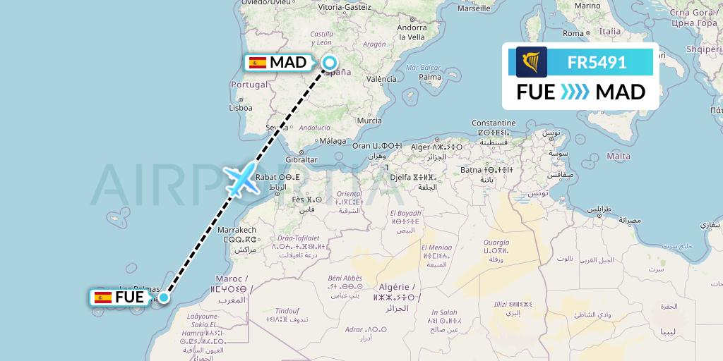 FR5491 Ryanair Flight Map: Fuerteventura to Madrid