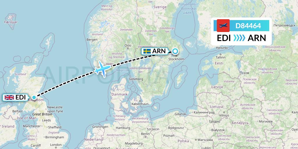 D84464 Norwegian Air International Flight Map: Edinburgh to Stockholm