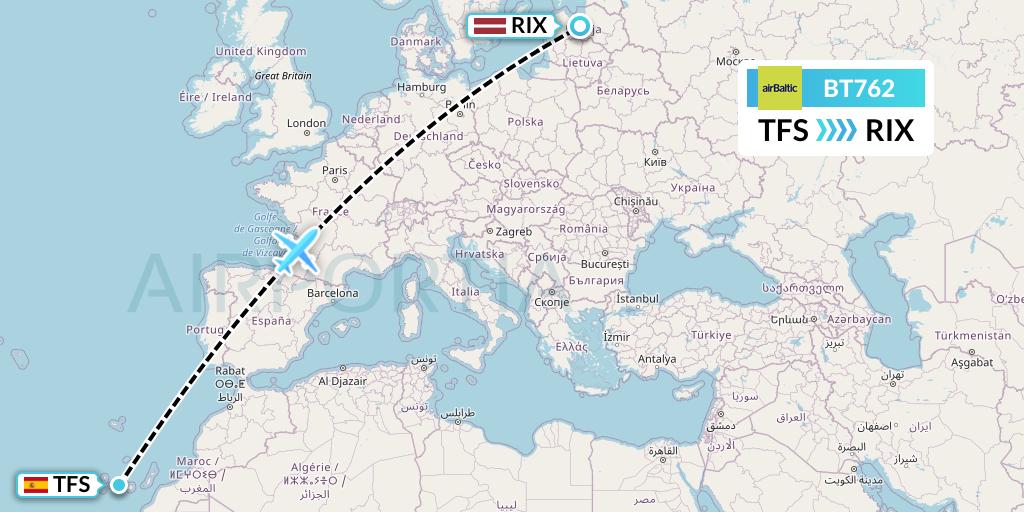 BT762 Air Baltic Flight Map: Tenerife to Riga