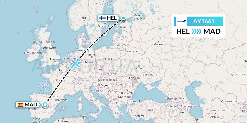 AY1661 Finnair Flight Map: Helsinki to Madrid