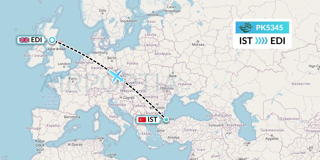 PK5345 Pakistan International Airlines Flight Map: Istanbul to Edinburgh