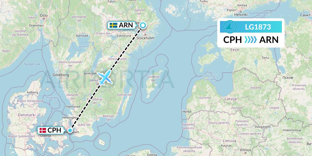 LG1873 Luxair Flight Map: Copenhagen to Stockholm