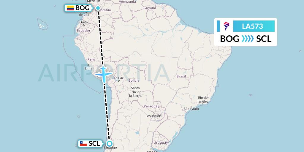 LA573 LAN Airlines Flight Map: Bogota to Santiago