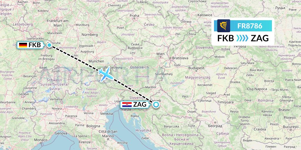 FR8786 Ryanair Flight Map: Karlsruhe/Baden-Baden to Zagreb