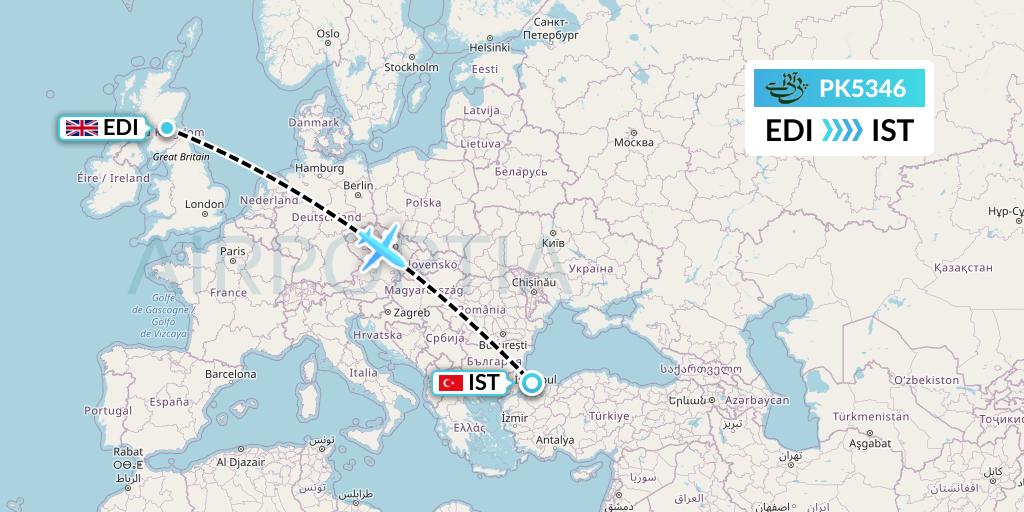 PK5346 Pakistan International Airlines Flight Map: Edinburgh to Istanbul