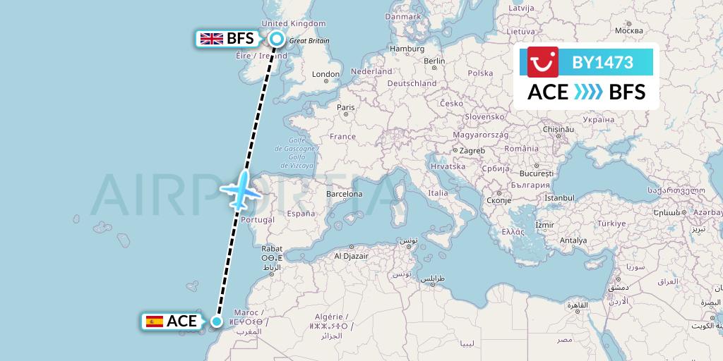 BY1473 TUI Airways Flight Map: Lanzarote to Belfast