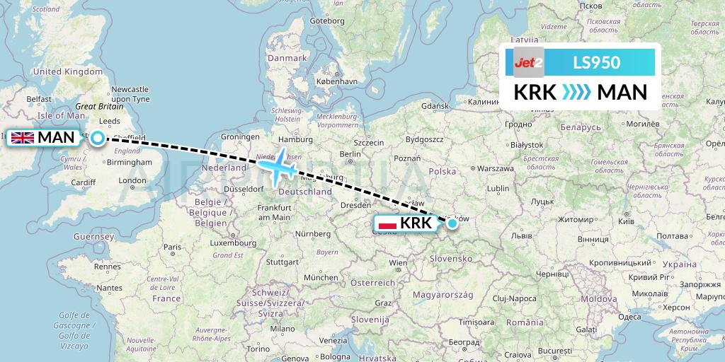 LS950 Jet2 Flight Map: Krakow to Manchester