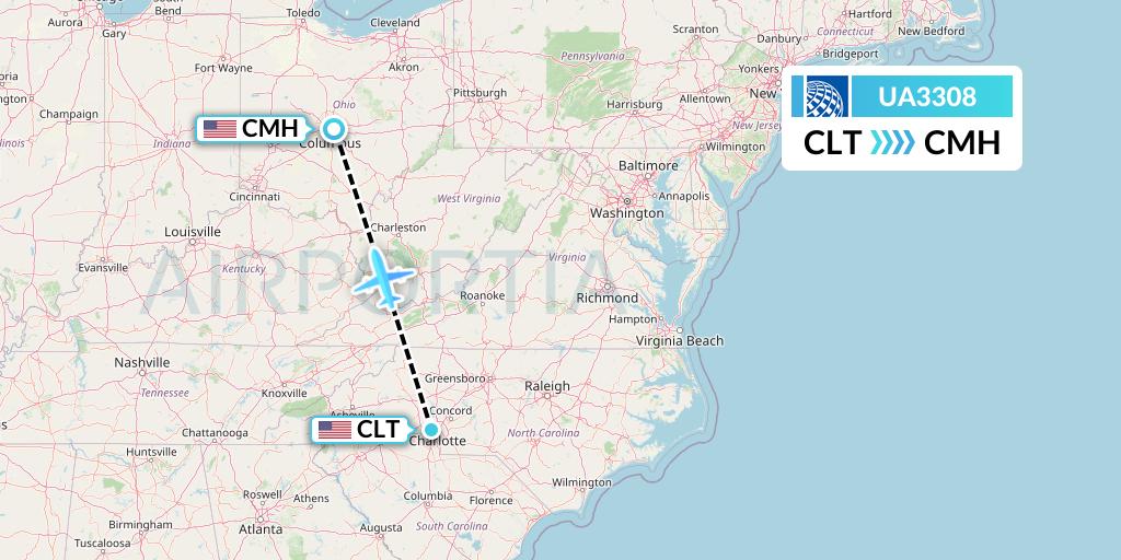 UA3308 United Airlines Flight Map: Charlotte to Columbus