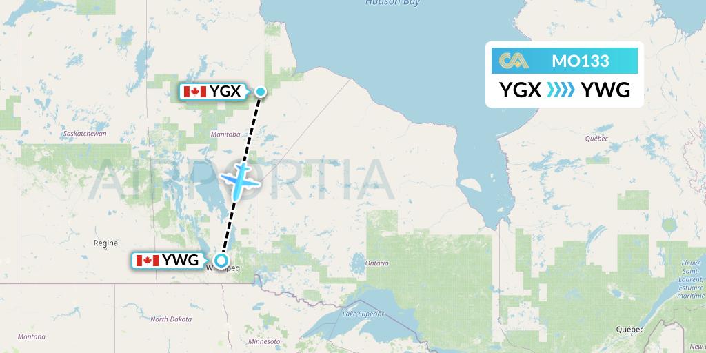 MO133 Calm Air Flight Map: Gillam to Winnipeg