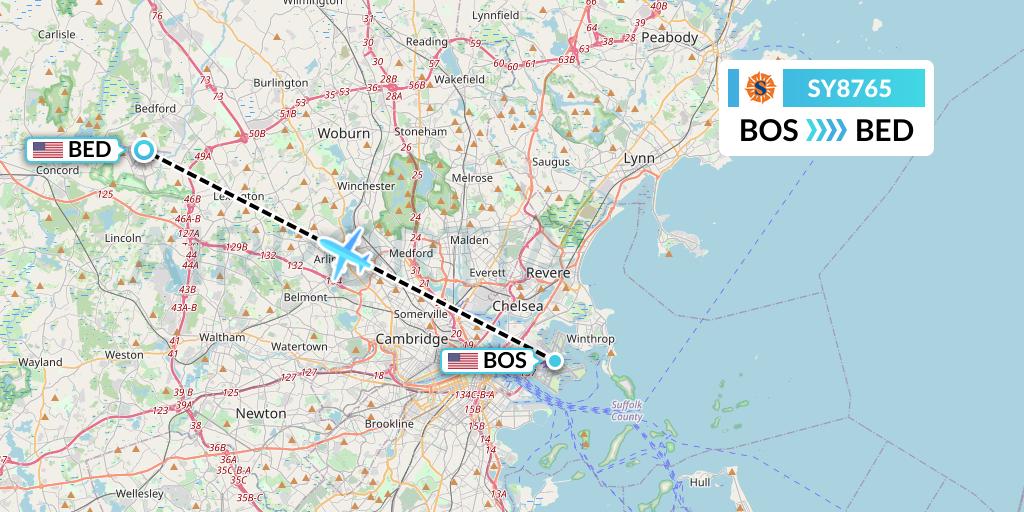 SY8765 Sun Country Airlines Flight Map: Boston to Bedford