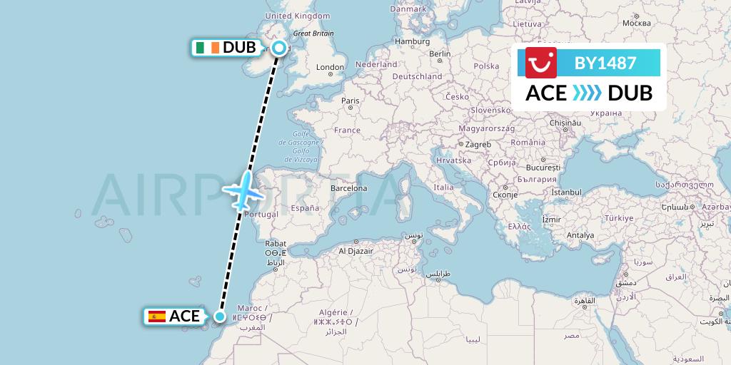 BY1487 TUI Airways Flight Map: Lanzarote to Dublin