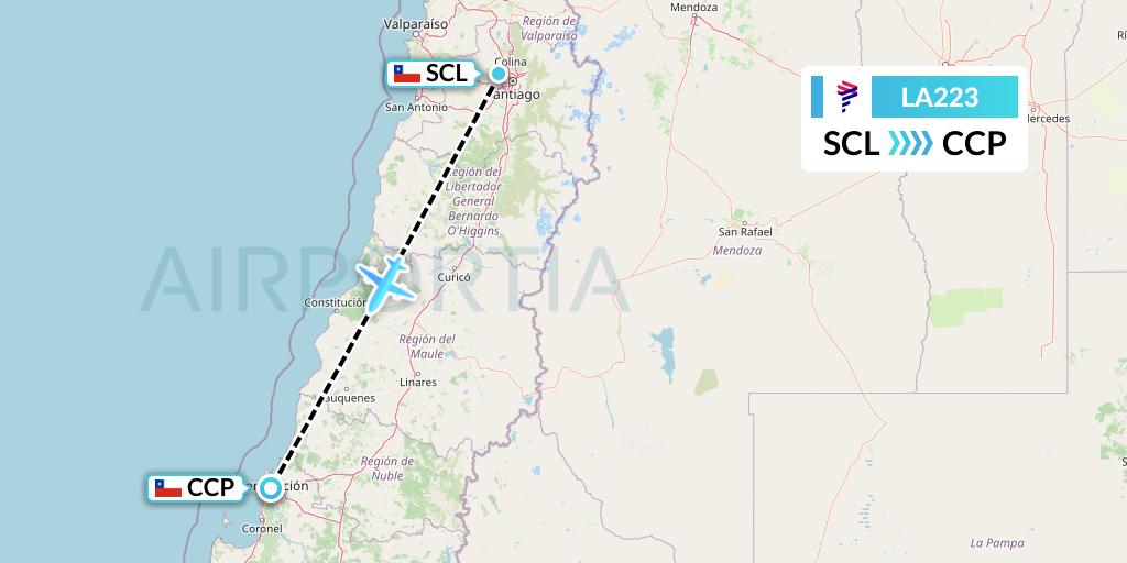 LA223 LAN Airlines Flight Map: Santiago to Concepcion