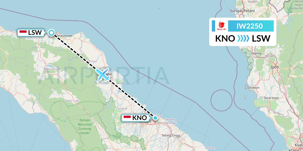 IW2250 Wings Air Flight Map: Medan to Lhokseumawe
