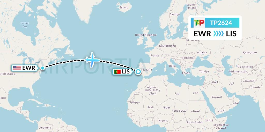TP2624 TAP Portugal Flight Map: New York to Lisbon
