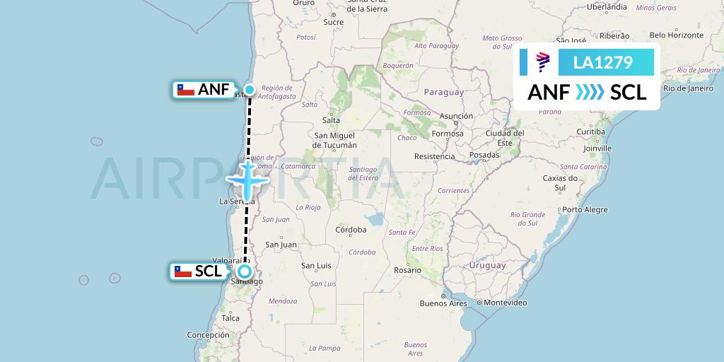 LA1279 LAN Airlines Flight Map: Antofagasta to Santiago
