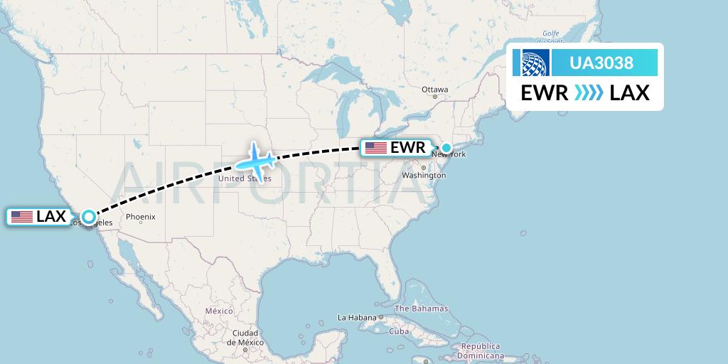 UA3038 United Airlines Flight Map: New York to Los Angeles